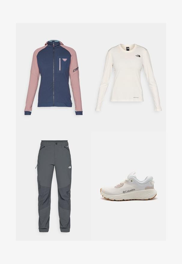 Dynafit RADICAL - Chaqueta de entrenamiento - mokarosa; The North Face SHADOW LONG SLEEVE - Camiseta de manga larga - white dune; Pantalones de exterior gris oscuro con parches de refuerzo en las rodillas, bolsillos laterales y frontales con cremallera, cierre de botón y el logo de The North Face en el muslo.; Zapato deportivo ligero de Columbia en malla blanca con suela texturada gris y tracción de goma. Presenta un cuello acolchado y diseño de cordones.