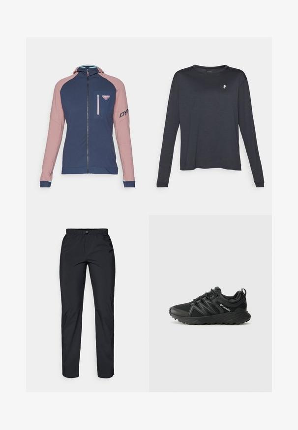 Dynafit RADICAL - Bluză de trening - mokarosa; Tricou negru cu mânecă lungă, realizat dintr-un material texturat, cu guler rotund și un mic logo alb pe partea stângă a pieptului.; Pantaloni negri, ușori, rezistenți la apă, cu un talie elastică și două buzunare laterale; textură netedă; design cu picior drept.; Columbia PEAKFREAK - Pantofi drumeție - black