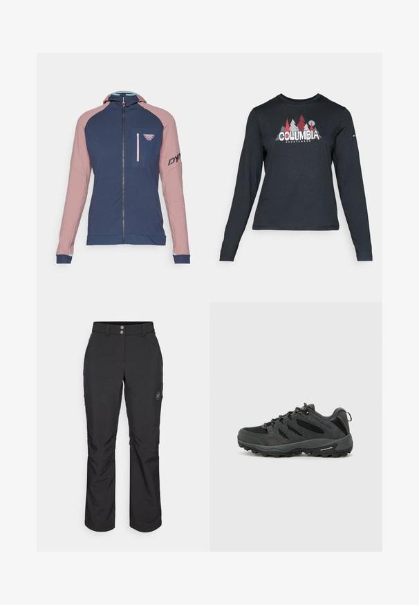 Dynafit RADICAL - Sportinė striukė - mokarosa; Ilga rankovė tamsiai pilka marškinėliai su raudonų medžių ir kalnų grafika; drąsaus baltos spalvos teksto "COLUMBIA" logotipas. Minkšta medžiaga, standartinis apvalus kaklas.; Juoda lauko kelnės su tiesiu kirpimu, su mygtuko uždarymu, užtrauktuku užtraukiamomis šoninėmis kišenėmis ir logotipo aplikacija kairiajame šlaunyje.; Columbia REDMOND - Turistiniai batai - black/citron haze