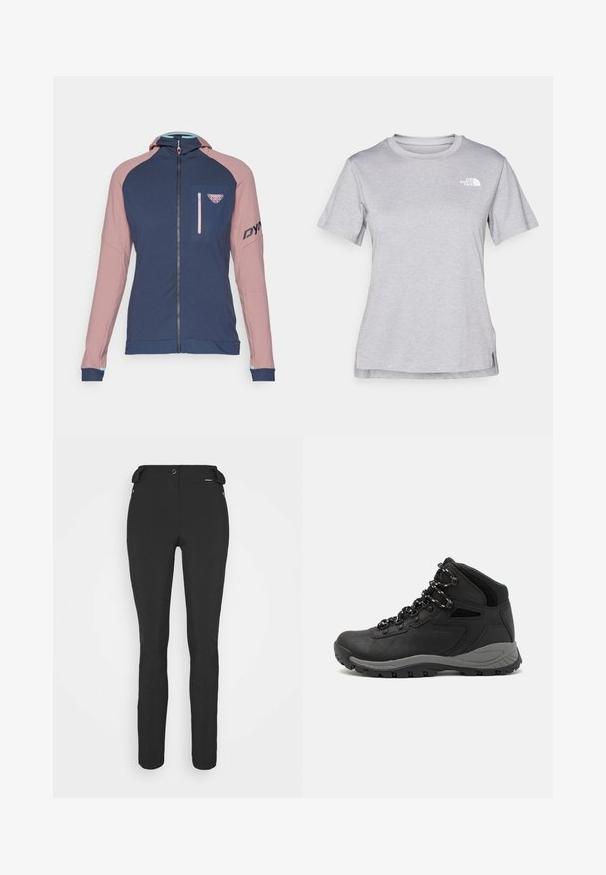 Dynafit RADICAL - Giacca sportiva - mokarosa; T-shirt grigio a maniche corte realizzato in morbido tessuto traspirante. Presenta un collo tondo e un piccolo logo bianco nella parte superiore sinistra.; Pantaloni neri aderenti realizzati in materiale flessibile. Presentano una tasca laterale con zip, ginocchia articolate e una texture liscia.; Stivale da trekking nero con design a metà altezza, dotato di una tomaia texturizzata, accenti grigi e suola in gomma resistente con tasselli per la trazione.