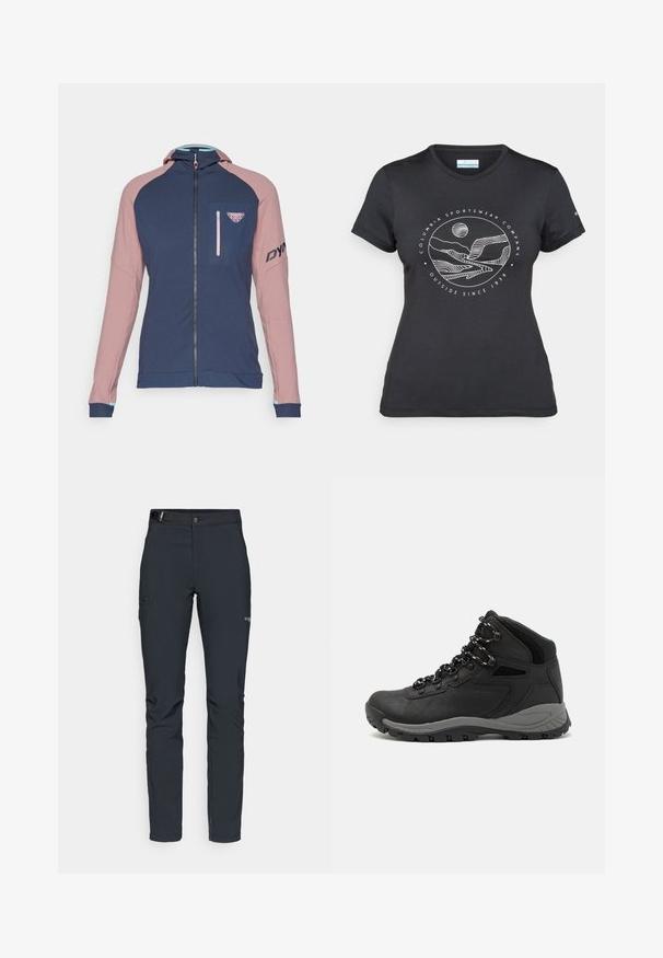 Dynafit RADICAL - Trainingsjacke - mokarosa; Schwarzes Columbia-T-Shirt mit weißer kreisförmiger Berg- und Fluss-Linienkunst und dem Text "Columbia Sportswear Company - Draußen seit 1938."; Herren Outdoor-Hosen, dunkelgrau, aus flexiblem Material, mit einem Gürtel, Reißverschlusstaschen und verstärkten Nähten.; Schwarzer Wanderstiefel mit einem mittelhohen Design, ausgestattet mit einer strukturierten Oberfläche, grauen Akzenten und einer robusten Gummisohle mit Profilstollen.