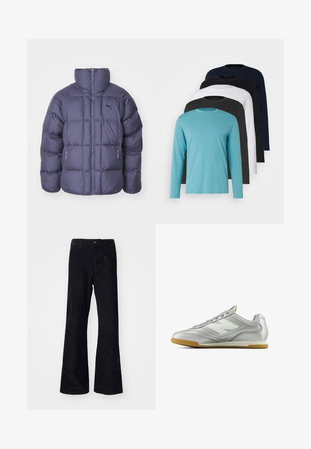 Kurtka puchowa w ciemnoszarym kolorze, z wysokim kołnierzem, zamkiem z przodu i dwoma bocznymi kieszeniami. Materiał jest pikowany o gładkiej teksturze i z akcentem logo.; Pięć koszulek z długim rękawem w rzędzie: turkusowa, czarna, biała, ciemnoszara i granatowa. Miękka tkanina, okrągły dekolt i standardowy krój.; Czarne, bawełniane spodnie w typie dzwonów z tradycyjnym paskiem, pojedynczym zapięciem z przodu oraz kieszeniami po bokach i z tyłu. Gładka powierzchnia.; Srebrny but sportowy o gładkiej, błyszczącej powierzchni, z białym logo z boku, teksturowanymi szarymi sznurówkami i podeszwą z gumy.
