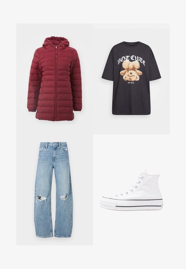 Giacca puffer bordeaux con cappuccio, dotata di design trapuntato orizzontale, zip anteriore e polsini elasticizzati per un calore aggiuntivo. Texture morbida.; T-shirt nera oversize con una grafica di un orso e la scritta "NON CARINA MA SELVAGGIA" in grassetto, lettere bianche. Materiale in cotone.; Jeans azzurri chiari a vita alta realizzati in denim. Presentano gambe larghe, due aree strappate sulle ginocchia e il classico styling a cinque tasche.; Sneaker alta in tela bianca con suola in gomma nera, punta in gomma frontale e sei asole per i lacci, caratterizzata da un design pulito e minimalista.