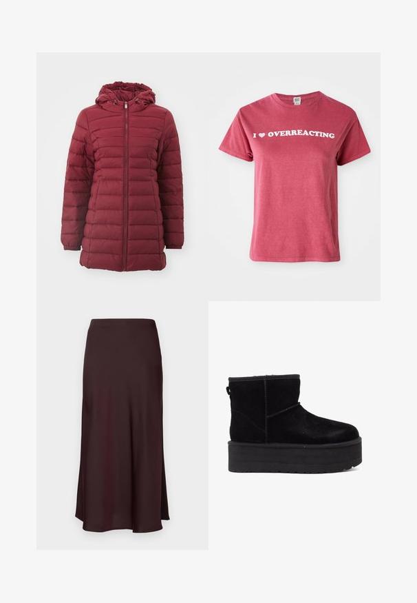 Jachetă puffer burgundy cu glugă, cu un design cusut orizontal, fermoar frontal și manșete elastice pentru un plus de căldură. Textură moale.; Tricou din bumbac mahon, cu mâneci scurte, având un text alb care spune "I ♥ OVERREACTING" pe piept. Design simplu, cu gât rotund.; Fustă midi din satin burgund, cu o textură netedă, o croială dreaptă și un tiv ușor evazat. Fără modele vizibile sau detalii hardware.; Botine negre din suede, cu o talpă groasă și interior moale. Finalizate cu accente de cusătură și cu o bucată în spate pentru o încălțare ușoară.