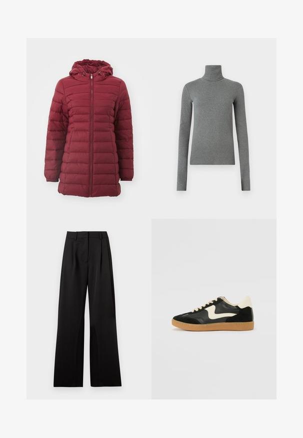 Giacca puffer bordeaux con cappuccio, dotata di design trapuntato orizzontale, zip anteriore e polsini elasticizzati per un calore aggiuntivo. Texture morbida.; Maglione a collo alto grigio realizzato in tessuto liscio e elastico. Maniche lunghe, design aderente, texture minimale, senza motivi visibili o accessori.; Pantaloni neri a gamba larga con una texture liscia, dotati di pieghe frontali, vita piatta e passanti per cintura. Design semplice e sartoriale.; Sneaker nera in suede e pelle con un sorriso laterale crema e un tallone di un leggero crema. Presenta lacci beige e una suola in gomma color caramello.