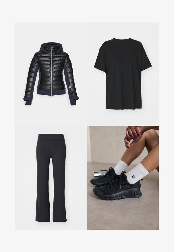 Schwarze Pufferjacke mit glänzender Lederoberfläche, marineblauen Akzenten, Kapuze und Reißverschlusstaschen. Verfügt über gerippte Bündchen und ein metallisches Logo-Detail.; Schwarzes T-Shirt mit kurzen Ärmeln aus glattem Stoff, mit Rundhalsausschnitt und lockerer Passform. Verfügt über seitliche Schlitze für zusätzlichen Komfort und Atmungsaktivität.; Schwarze Schlaghosen aus dehnbarem Material mit hohem Bund. Verfügt über klare Linien und eine glatte Textur, geeignet für Freizeitkleidung.; Schwarze Sportschuhe aus strukturiertem Stoff, mit Schnürdesign und auffälliger Sohle, kombiniert mit weißen gerippten Socken, die ein kleines Logo tragen.