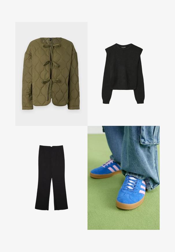 Olivenfarvet quiltet jakke med rund halsudskæring, frontlukninger med sløjfer og lange ærmer, der har en glat tekstur og cirkulære mønstre.; Sort striktrøje med lange ærmer, polstrede skuldre og ribkantede manchetter og kant, vist mod en hvid baggrund.; Sorte bukser med lige pasform, der har frontlommer og slidser i kanten. Lavet af blødt, glat stof. Velegnet til forskellige anledninger.; Blå ruskindsko med pink striber og hvide snørebånd, med en sål af gummi, parret med løse denimbukser på en grøn overflade.