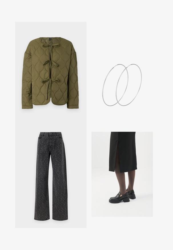 Olivza zašūta jakas ar apaļu kakla izgriezumu, priekšā ar bantiņu aizdari, garām piedurknēm, kas raksturo gludu tekstūru un apļveida ornamentus.; Noisy May NMSUTTON CHERRY - Džemperis - light grey melange; Noisy May NMJANNEL LOOSE - Brīva piegriezuma džinsi - black denim; Melni ādas apavi ar noapaļotu purngalu, biezām bloku papēžiem un elastīgiem sānu akcentiem, apvienoti ar tumšām zeķubiksēm un melnu svārku ar šķirbu.; Sudraba gredzenveida auskari ar minimālistisku dizainu. Cirkulāra forma, gluda tekstūra un plāns profils. Vieglu svaru ar spīdīgu apdari.