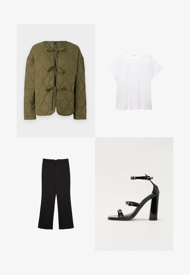 Giacca trapuntata verde oliva con scollatura rotonda, chiusure anteriori a fiocco e maniche lunghe con una texture liscia e motivi circolari.; T-shirt bianco realizzato in un tessuto morbido e leggero. Presenta un collo rotondo e maniche corte e larghe con vestibilità morbida. Nessun motivo visibile.; Pantaloni neri a gamba dritta, con tasche frontali e spacchi laterali all'orlo. Realizzati in tessuto morbido e liscio. Adatti a diverse occasioni.; Sandali con tacco in vernice nera, con punta squadrata, cinturini alla caviglia e fibbie in argento. Presentano un tacco a blocco spesso per maggiore stabilità.