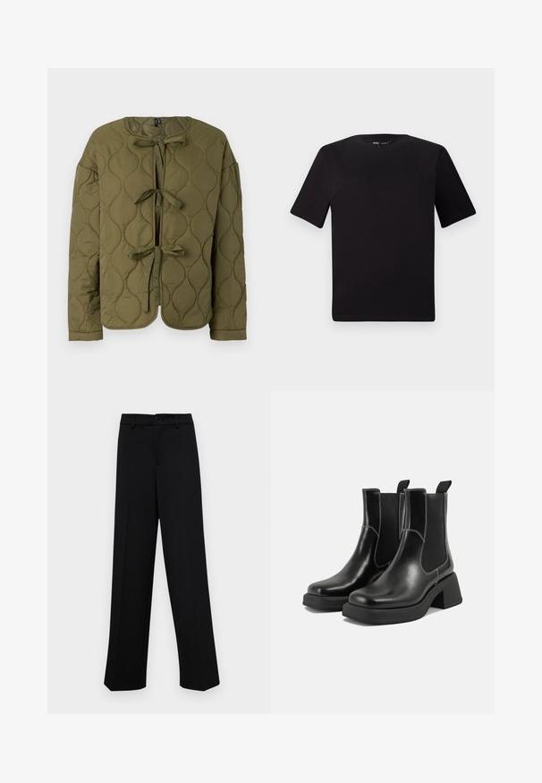 Olive green quilted jacket with a round neckline, front bow tie closures, and long sleeves featuring a smooth texture and circular patterns.; Black short-sleeve t-shirt with a round neckline, crafted from soft cotton fabric. Simple design, no visible logos or patterns.; Black wide-leg trousers made of smooth fabric, featuring a classic waistband with a button closure and front pleats.; Black leather Chelsea boots with a chunky heel, elastic side panels, and contrasting white stitching. Textured finish.