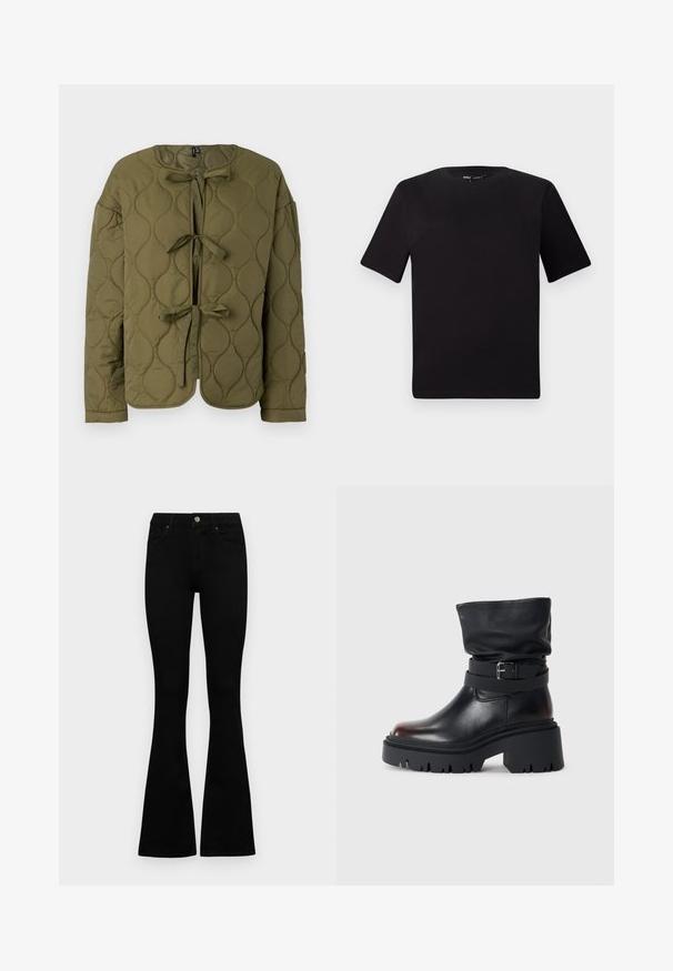 Olive green quilted jacket with a round neckline, front bow tie closures, and long sleeves featuring a smooth texture and circular patterns.; Black short-sleeve t-shirt with a round neckline, crafted from soft cotton fabric. Simple design, no visible logos or patterns.; Black high-waist jeans with a button and zip closure, front pockets, and flared legs laid flat on a white background.; Black leather ankle boot with a slouchy upper, buckle detail, and thick, rugged sole. Features a round toe and smooth texture.