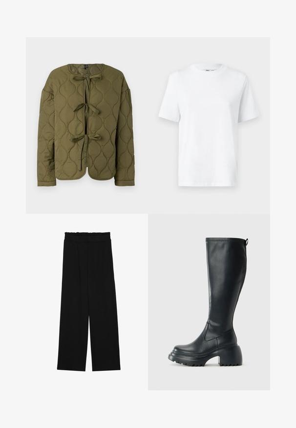 Oliven grønn quiltet jakke med rund hals, fremre sløyfe-lukking og lange ermer som har en glatt tekstur og sirkulære mønstre.; Hvit bomulls t-skjorte med rund hals som har korte ermer og en jevn tekstur. Designet med en avslappet passform for komfort og allsidighet.; Svarte vide bukser med rynket liv, med to sidelommer og et glatt, lett stoff. Ingen synlige mønstre eller metalldeler.; Høy svart lærstøvel med chunky plattformsåle og blokkhelt, med trekkstang og teksturert mønster på yttersålen.