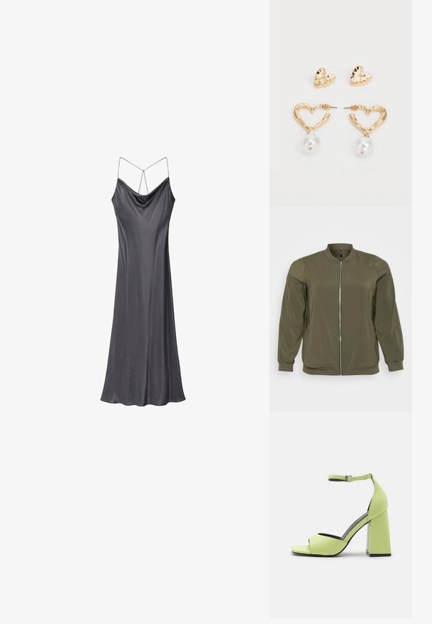 Giacca bomber verde oliva realizzata in tessuto liscio, con zip frontale, polsini a coste e design del collo rotondo. Stile semplice e funzionale.; Abito da sera in satin, grigio scuro, silhouette aderente, scollo a V con spalline sottili. Tessuto morbido, orlo fluido e design minimalista.; Even&Odd Sandali con tacco - light green; Orecchini a forma di cuore in tono dorato con una finitura texture, caratterizzati da un'accoppiatura di perle pendenti. Include orecchini a perno a forma di cuore abbinati.