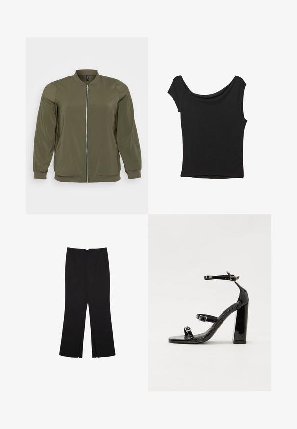 Maslena zeleni bomber jakna iz gladkega materiala, s sprednjim zadrgo, rebrastimi manšetami in obliko okroglega ovratnika. Preprosta in funkcionalna stil.; Črna kratka majica s kratkimi rokavi iz gladkega blaga; ima drapiran izrez in asimetrično spodnjo rob, s prilegnjenim telesom.; Črne hlače ravnega kroja z naglavnimi žepi in stranskimi razporki na robu. Narejene iz mehke, gladke tkanine. Primerne za različne priložnosti.; Črne lakirane sandale s peto, kvadratnim prstom, trakovi okrog gležnja in srebrnimi zaponkami. Opremljene so s stabilno Debelo peto.