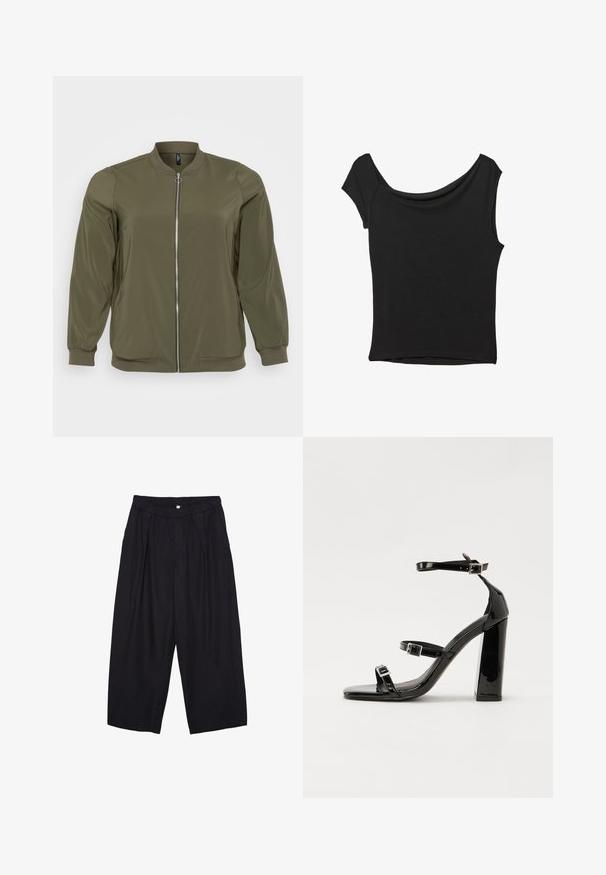Veste bomber vert olive en tissu lisse, avec une fermeture éclair à l'avant, des poignets côtelés et un col rond. Style simple et fonctionnel.; Haut noir à manches courtes en tissu lisse ; il présente un col drapé et un ourlet asymétrique, avec un corps ajusté.; Pantalon culotte noir en polyester avec une taille élastique, deux plis avant et une silhouette ample. Pas de motifs visibles ni de détails matériels.; Sandales à talons vernies noires avec un bout carré, des sangles autour de la cheville et des boucles en argent. Dotées d'un talon bloc épais pour plus de stabilité.