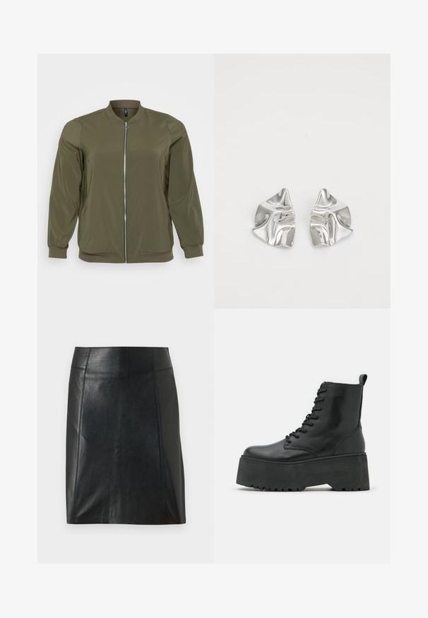Giacca bomber verde oliva realizzata in tessuto liscio, con zip frontale, polsini a coste e design del collo rotondo. Stile semplice e funzionale.; Maglietta nera a maniche lunghe realizzata in tessuto liscio, con scollatura rotonda e dettagli arricciati sulle spalle e sui polsini.; Gonna in pelle nera con un design aderente. Texture liscia, cuciture che delineano la forma e orlo dritto. Aspetto minimalista e slanciato.; Stivaletti neri con suola platform spessa, realizzati in pelle liscia, con un design alla schiava e una linguetta sul retro.; Orecchini in metallo argento con un design ondulato e scultoreo, caratterizzati da una finitura lucida e forme irregolari, che evidenziano un'estetica contemporanea.