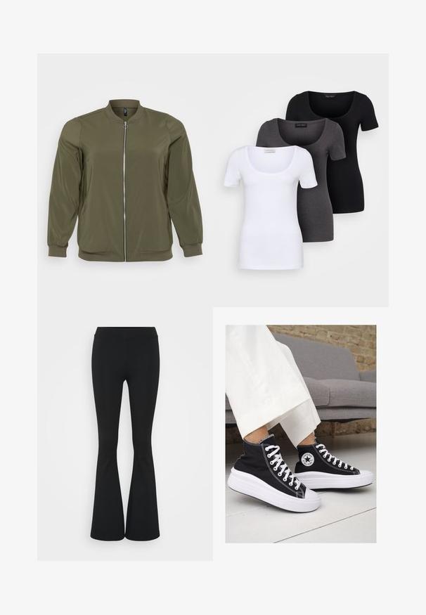 Oliven grønn bomberjakke laget av glatt stoff, med glidelås foran, ribbestrikkede mansjetter og rund halsdesign. Enkel og funksjonell stil.; Tre figurerte T-skjorter i hvit, grå og svart. Hver har en bred scoop-nakke og korte ermer. Laget av glatt, elastisk stoff.; Svarte flared bukser laget av elastisk stoff, med høy midje og en glatt tekstur. Buksene vidder ut fra kneet.; Sorte lerrets høy-top sneakers med hvite gummisulinger og snørebånd. Har et rundt logo på siden og kontrasterende hvite sting.