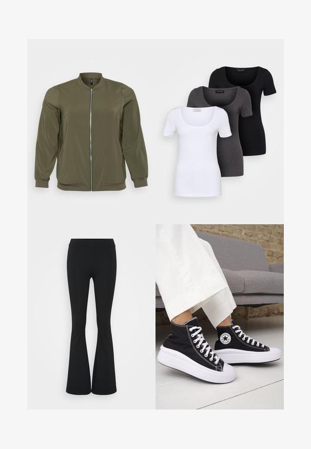 Olive green bomber jacket made of smooth fabric, featuring a front zipper, ribbed cuffs, and a round neck design. Simple and functional style.; Three fitted T-shirts in white, gray, and black. Each features a wide scoop neckline and short sleeves. Made from smooth, stretchy fabric.; Black flared pants made of stretchy fabric, featuring a high waistband and a smooth texture. The pants flare out from the knee.; Black high-top sneakers with white rubber soles and laces. Features a round logo patch and contrasting white stitching. Canvas material.