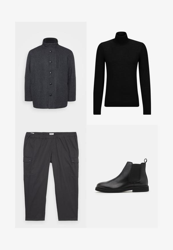 Palton din lână gri închis cu un model herringbone, guler înalt, închidere cu nasturi în față și buzunare laterale. Are un design drept.; Pulover negru cu guler înalt, realizat dintr-un material moale, cu mâneci lungi și o croială ajustată. Tiv și mansete cu margine ondulată. Design simplu.; Pantaloni cargo negri cu talie elastică, buzunare laterale și accente cu capse. Realizați dintr-un material ușor și neted.; Cizme Chelsea din piele neagră cu panouri elastice pe laterale și un tab de prindere. Vârf rotund și talpă plată din cauciuc, evidențiind un finisaj neted.