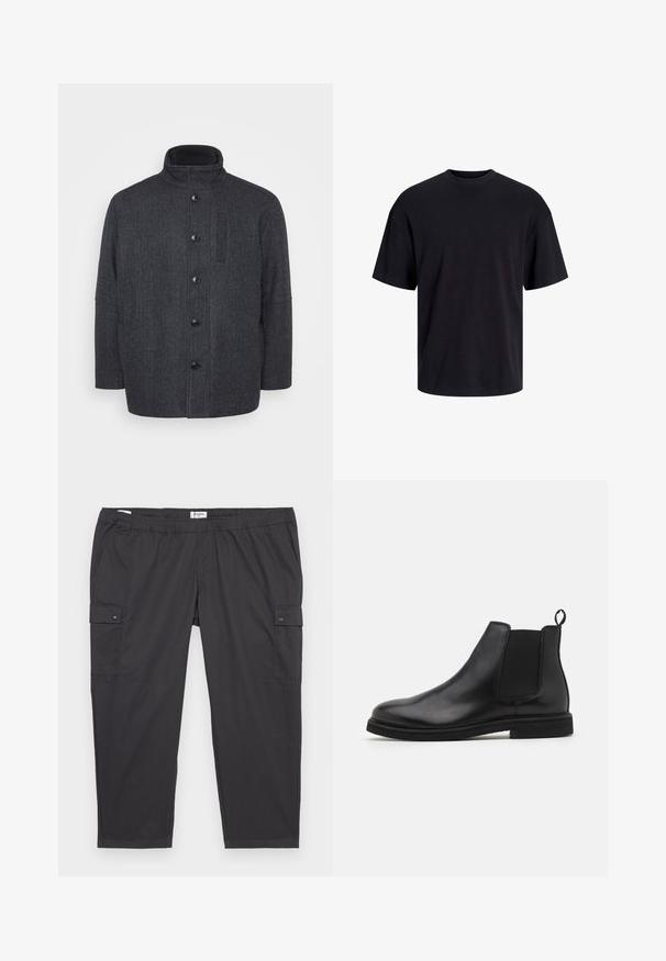 Dunkelgrauer Wollmantel mit einem Fischgrätenmuster, hohem Kragen, vorderem Knopfverschluss und Seitentaschen. Verfügt über einen geraden Schnitt.; Schwarzes Baumwoll-T-Shirt mit Rundhalsausschnitt, kurzen Ärmeln und lässiger Passform. Glatte Oberflächenstruktur und keine sichtbaren Muster oder Akzente.; Schwarze Cargo-Hosen mit einem elastischen Bund, seitlichen Taschen und Druckknopfdetails. Hergestellt aus leichtem, glattem Stoff.; Schwarze Leder Chelsea-Stiefel mit elastischen Seitenpanelen und einem Zugtab. Gerundete Zehenpartie und flache Gummisohle, die eine glatte Oberfläche zeigt.