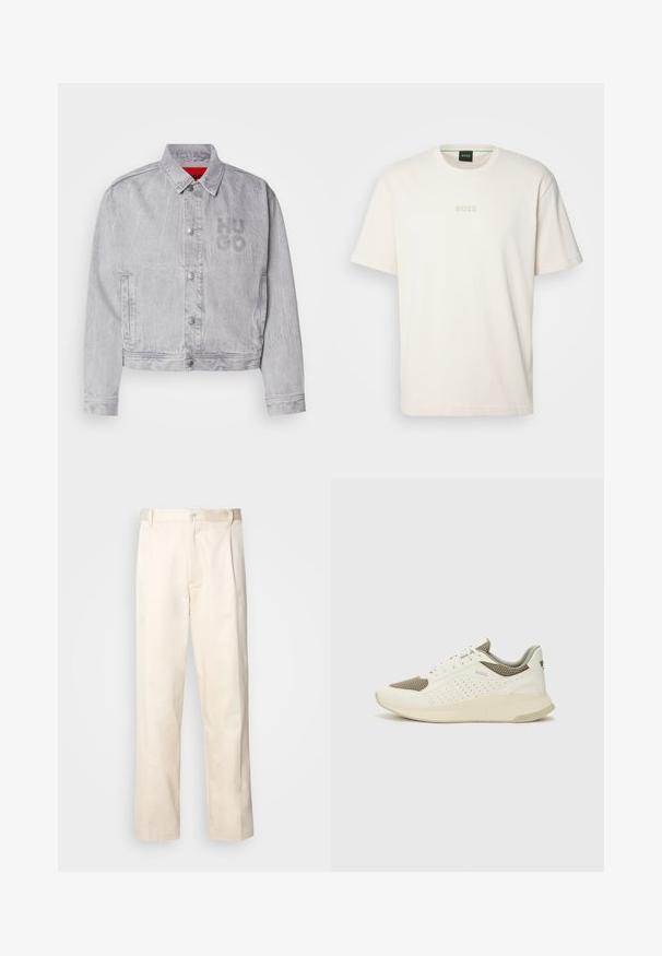 Lysegrå dongerijakke med krage, trykknapper, sidelommer og "HUGO"-logo preget på forsiden. Glatt tekstur.; BOSS TEE - T-shirts - open white; Beige bomullsbukser med rett benfatt, med knappelukking og folder foran for ekstra detaljer.; Hvit og lysebeige treningssko, med en mesh-overdel, perforerte detaljer og en teksturert mellomsåle med merkevare på hælen.