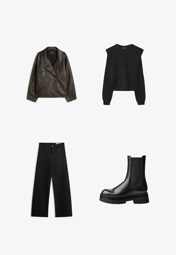 Hnedá umelá kožená bunda s dvojradovým designom, klopami a dvoma prednými vreckami. Výrazné prešitie pozdĺž švov.; Čierny pletený sveter s dlhými rukávmi, vycpanými ramenami a rebrovanými nápletmi a spodným okrajom, zobrazený na bielom pozadí.; Čierne denimové nohavice s širokými nohavicami a vysokým pásom, so prednými a zadnými vreckami, šitými švami a zapínaním na gombík. Hladká textúra.; Čierna kožená členková čižma s elastickým bočným panelom, okrúhlou špičkou, robustnou platformovou podrážkou a štruktúrovaným zvrškom pre lepšiu priľnavosť.
