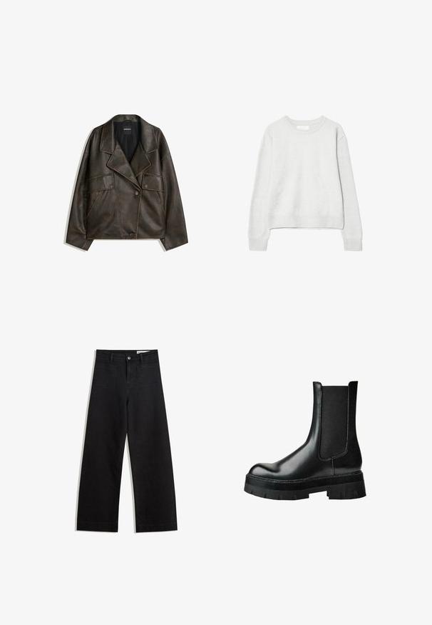 Rjava umetna usnjena jakna z dvojnim zapenjanjem, reverji in dvema sprednjima žepoma. Opazne podrobnosti šivanja vzdolž šivov.; Svijetlosivi pulover dugih rukava s okruglim izrezom, ribanim manžetama i rubom, izrađen od mekanog pletenog materijala, prikazan na bijeloj pozadini.; Črne široke denim hlače z visokim pasom, ki imajo sprednje in zadnje žepe, šivane šive ter gumbasto zapiranje. Gladka tekstura.; Črni usnjeni gležnjar z elastičnim stranskim delom, okroglo konico, debelim platformnim podplatom in teksturirano zgornjo plastjo za boljši oprijem.