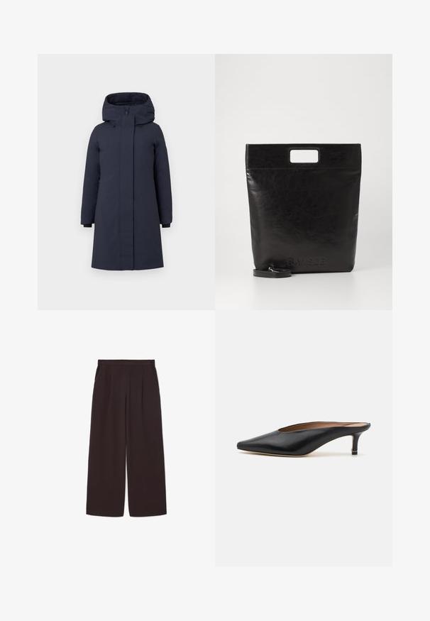 Laivyno mėlynos spalvos parka tipo striukė su aukštu apykakle, didele gobtuvu, ilgomis rankovėmis ir paslėptu priekiu užtrauktuku. Turi šonines kišenes ir elastinius rankogalius.; Balta ilgomis rankovėmis marškiniai su apykakle, pagaminti iš medvilnės. Su mygtukų užsegimu priekyje ir viena krūtinės kišenė. Lygus paviršius, laisvas siluetas.; Tamsiai rudos, plačios kojos kelnės pagamintos iš lengvos medžiagos, pasižyminčios aukštu liemeniu, raukšlėmis ir dviem šoninėmis kišenėmis, su elastinga juosmens juosta.; Juodi odiniai mulesai su smailiu pirštu ir žemu blokuotu kulnu. Lygi tekstūra su elegantišku dizainu. Atviras gale, su minimaliu dekoru.; Juoda odinė rankinė su kvadratiniu rankenu, su tekstūruotu paviršiumi ir įspaustu logotipu. Įeina nusiimama diržas.