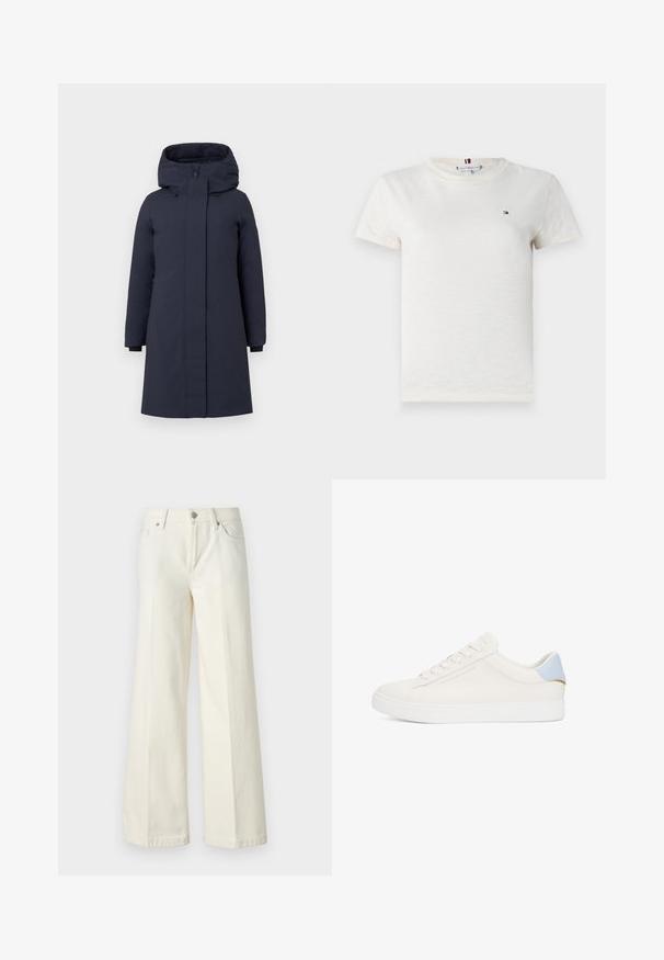 Navy blue parka jacket with a high collar, large hood, long sleeves, and concealed front zipper. Features side pockets and elastic cuffs.; Light cream short-sleeve t-shirt made of soft fabric with a round neckline, featuring a small logo in navy, red, and white on the chest.; Wide-leg white jeans made from cotton blend fabric. Features a zipper fly, five-pocket design, and stitching along the seams.; White leather sneaker with a smooth texture, light blue accent at the heel, gold hardware detail, and raised brand logo on the side.