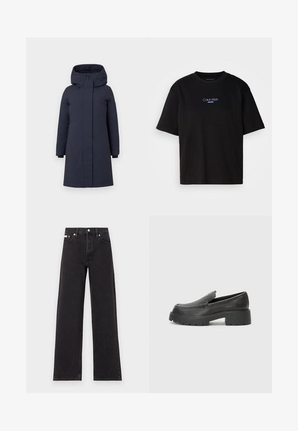 Mornarsko modra parka jakna z visokim ovratnikom, velikim kapuco, dolgimi rokavi in skrito sprednjo zadrgo. Ima stranske žepe in elastične manšete.; Črna bombažna majica s krožnim izrezom, kratkimi rokavi in modrim vezenim logotipom "Calvin Klein JEANS" na sprednji strani.; Črne široke jeans hlače iz denima, s poudarjenim pasom, petimi žepi in kovinskim gumbom za zapiranje ter kontrastnim šivanjem.; Črne usnjene loafers čevlje z zaobljenim nosom, debelim teksturiranim podplatom in minimalnimi šivi. Elegantna zasnova brez vidnih vezalk ali kovinskih delov.