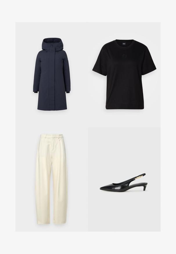 Mornarsko modra parka jakna z visokim ovratnikom, velikim kapuco, dolgimi rokavi in skrito sprednjo zadrgo. Ima stranske žepe in elastične manšete.; Črna bombažna majica s krožnim izrezom, kratkimi rokavi in izvezenim logotipom na prsih. Preprosta, sproščena silhueta brez vzorcev.; Plisirane hlače z visokim pasom iz svetlo kremnega blaga. Imajo ravno krojenje in gladko teksturo. Brez žepov ali vidne strojne opreme.; Črne usnjene sandale na peto z ostro konico, ki imajo tanko peto in zlat ton na nastavljivem traku. Gladka tekstura.