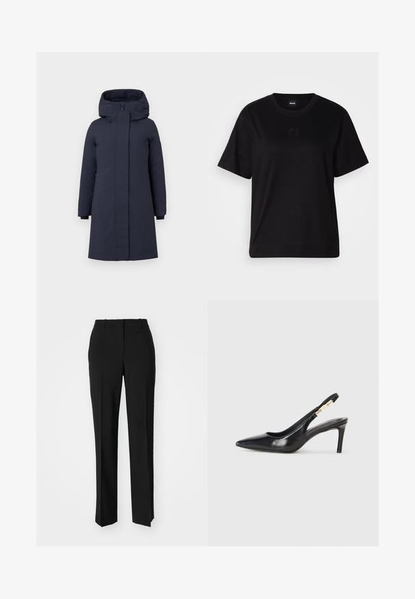 Tamno plava jakna parka s visokim ovratnikom, velikom kapuljačom, dugim rukavima i skrivenim prednjim zipom. Ima bočne džepove i elastične manžete.; Crna pamučna majica s okruglim izrezom, kratkim rukavima i izvezenim logotipom na prsima. Jednostavan, opušten kroj bez uzorka.; Crne krojene hlače ravnog kroja, s glatkom teksturom i oštrim pregibima naprijed. Bez vidljivih metalnih dijelova.; Crna kožna salonka s visokim potpeticama i šiljastim vrhom, glatke teksture, s uskim remenom oko gležnja koji ima zlatne akcentne dijelove.