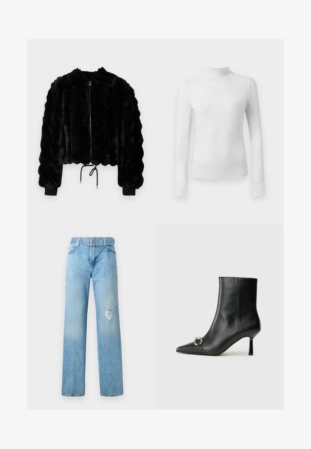 Jachetă scurtă din blană artificială neagră cu fermoar frontal, manșete cu nervuri și tiv cu șnur. Țesătură texturată cu un design pufos, în dungi.; Cămașă albă cu mâneci lungi și guler înalt, fabricată dintr-un material texturat, cu strălucire. Prezentând o croială ajustată și un decolteu înalt.; Jeans din denim de culoare albastru deschis, cu picioare largi, având detalii deteriorate la genunchi și un design clasic cu cinci buzunare și bucle pentru curea.; Botine negre din piele, cu vârf ascuțit, toc subțire de înălțime medie și detaliu cu cataramă argintie pe lateral, pe un fundal simplu.