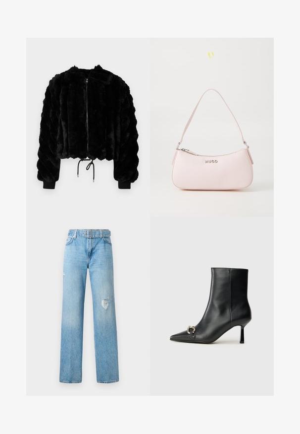 Fekete műszőrme cropped dzseki cipzáras elülső résszel, bordázott mandzsettákkal és zsinóros alsó résszel. Textúrált anyag, pufók, csíkos mintázattal.; Fehér, hosszú ujjú, garbós felső, textúrált, csillogó anyagból készült. Slim fit fazonú és magas nyakú.; Világoskék farmernadrág, széles lábbal, térdnél koptatott részletekkel, klasszikus ötzsebes kialakítással és övhurkokkal.; Fekete bőr bokacsizma hegyes orral, vékony közép magasságú sarokkal és ezüst csattal az oldalon, sima háttér előtt.; Rózsaszín bőr kézi táska ívelt dizájnnal, cipzáros záródással és vállpánttal. Elöl ezüst logó található.