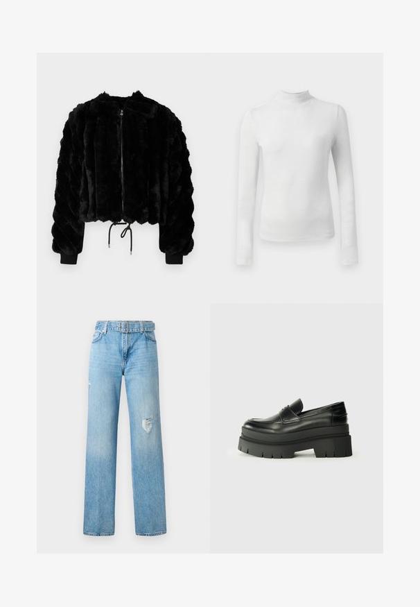 Sort imitation pels cropped jakke med lynlås i front, ribbede manchetter og snoretræk i kanten. Struktureret stof i et puffet, stribet design.; Hvid langærmet turtleneck top lavet af et struktureret, glitrende materiale. Har en tætsiddende pasform og en høj halsudskæring.; Lys blå denim jeans med bred ben, der har slidte detaljer ved knæene og et klassisk fem-lomme-design med bæltestropper.; Sorte læder loafers med en kraftig platformsål. Rund tå, forkant-søm detalje og subtile syninger. Flad, struktureret ydersål.