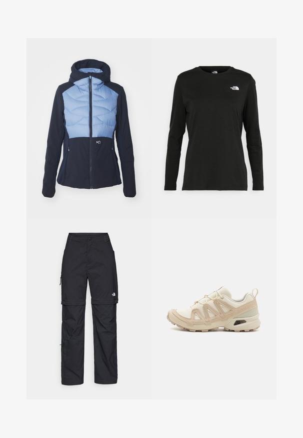 Casaco com capucho apresentando uma parte superior acolchoada de azul claro e uma parte inferior em azul marinho, feito de um tecido liso e elástico, com bolsos com fecho éclair.; T-shirt preto de mangas longas, feito de algodão, com decote redondo. Apresenta um pequeno logótipo branco na área esquerda do peito. Design simples e ajuste confortável.; Calças cargo pretas em nylon com fechos de correr removíveis, punhos ajustáveis, múltiplos bolsos e um logótipo na perna direita. Textura suave e leve.; Sapatilha atlética beige e creme com parte superior em malha texturizada, sobreposições de suporte e sola de borracha com um padrão de cravo para tração.