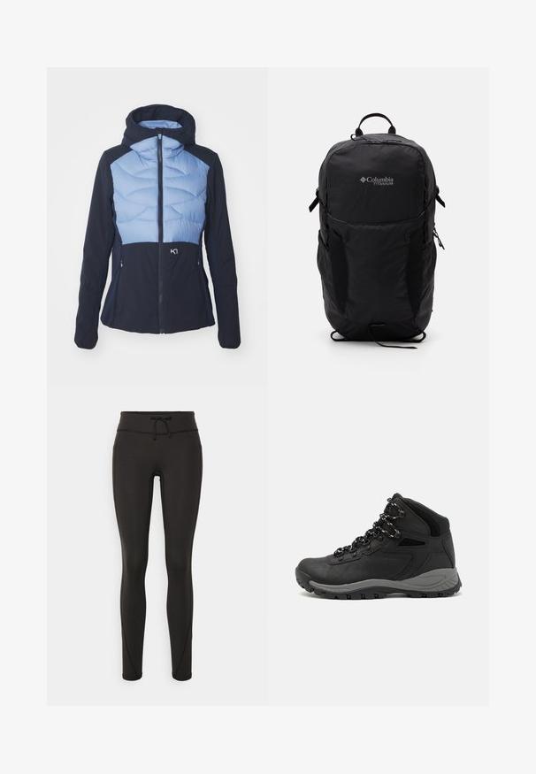 Hettejakke med en lys blå quiltet overdel og marineblå underdel, laget av et glatt, elastisk stoff med glidelåslommer.; Svart Columbia t-skjorte med hvit sirkulær fjell- og elvlinjekunst og tekst "Columbia Sportswear Company Outside Since 1938."; Svarte leggings med høy midje, snøring, glatt tekstur og tettsittende design. Har søm detaljer langs sidene.; Sorte turstøvler med mid-topp design, som har en teksturert overdel, grå detaljer og slitesterk gummisåle med godt grep.; Svart Columbia Titanium ryggsekk med en glatt stoffoverflate, sidelommer, topphåndtak og justerbare stropper. Minimalistisk design med subtil merkevare.