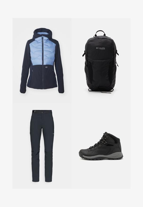 Huvjacka med en ljusblå kviltad övre del och marinblå nederdel, tillverkad av ett mjukt, stretchigt tyg med dragkedjefickor.; Svart Columbia-t-shirt med vit cirkulär linjekonst av berg och flod samt texten "Columbia Sportswear Company Outside Since 1938."; Herrernas utomhusbyxor, mörkgrå, tillverkade av flexibelt material, med ett bälte, zip-fickor och förstärkt sömnad.; Svart vandringskänga med mellanhög design, som har en texturerad överdel, grå accenter och en slitstark gummisula med greppklackar.; Svart Columbia Titanium ryggsäck med en mjuk tygstruktur, sidofickor, handtag upptill och justerbara remmar. Minimalistisk design med diskret märkning.