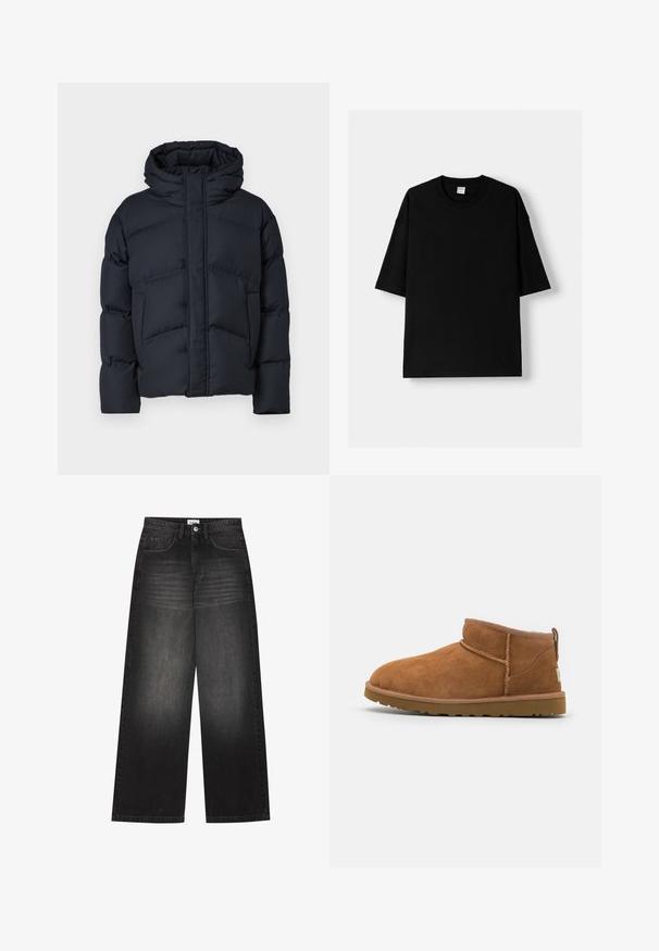 DRYKORN NOTAN - Zimska jakna - blue; Črna bombažna majica s kratkimi rokavi, okroglim izrezom in sproščenim krojem. Gladka tekstura in minimalistična zasnova, brez vzorcev ali dodatkov.; YOURTURN UNISEX - Vrečaste kavbojke - black denim; Tanen semiš škornji do gležnjev z zaobljenim nosom, subtilnimi šivi in teksturirano gumijasto podplatom. Kratka višina brez vezalk.