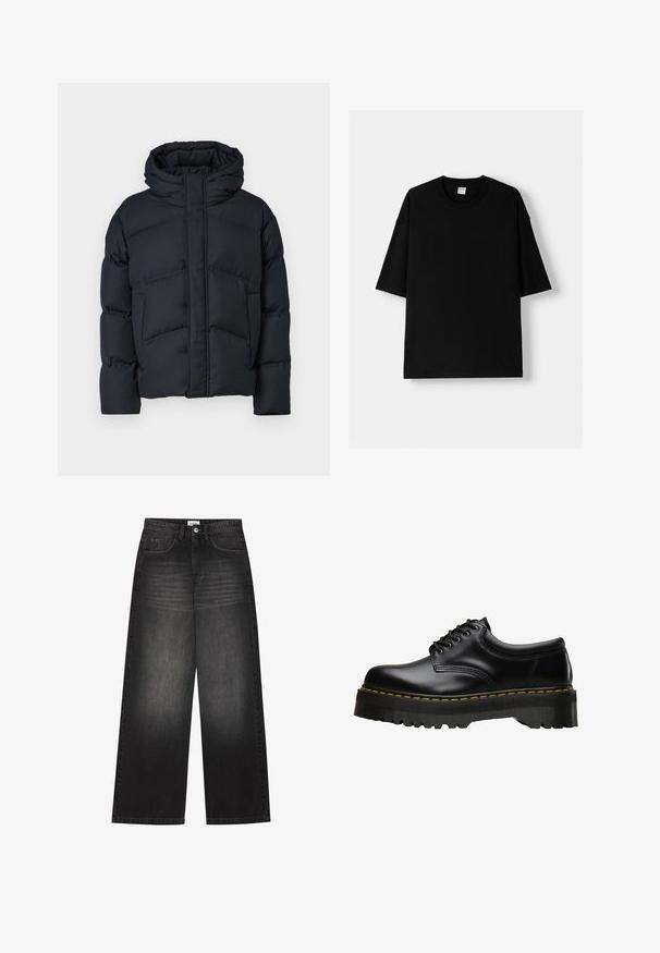 DRYKORN NOTAN - Vinterjakker - blue; Sort bomulds T-shirt med korte ærmer, rund hals og en afslappet pasform. Glat tekstur og minimalistisk design, ingen mønstre eller accenter.; YOURTURN UNISEX - Baggy jeans - black denim; Sorte læder snørebåndssko med en tykk, tandet sort gummisål og gul syning langs kanten, med en glat overflade.
