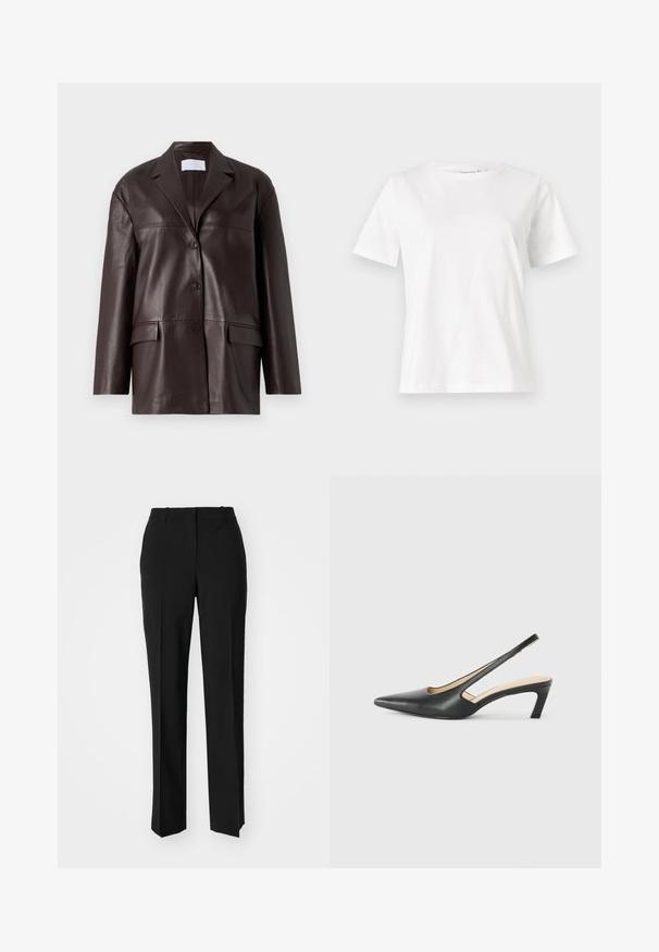 Καφέ δερμάτινο σακάκι με κλασικό γιακά, κλείσιμο με ένα κουμπί και δύο μπροστινές τσέπες. Λείο υλικό και ραμμένο σχέδιο.; Λευκό βαμβακερό μπλουζάκι με κοντά μανίκια, στρογγυλή λαιμόκοψη και άνετη εφαρμογή. Λείο υφασμάτινο, χωρίς σχέδια ή αξεσουάρ, μινιμαλιστικός σχεδιασμός.; Μαύρο παντελόνι με ραφή που έχει σχεδιασμό ίσιας γραμμής, διαθέτει λεία υφή και καθαρές πτυχώσεις κατά μήκος της μπροστινής πλευράς. Χωρίς ορατό μεταλλικό υλικό.; Μαύρο παπούτσι slingback με αιχμηρή μύτη και χαμηλό τακούνι, κατασκευασμένο από λείο δέρμα με σχέδιο κοπής στη πλευρά για αερισμό.
