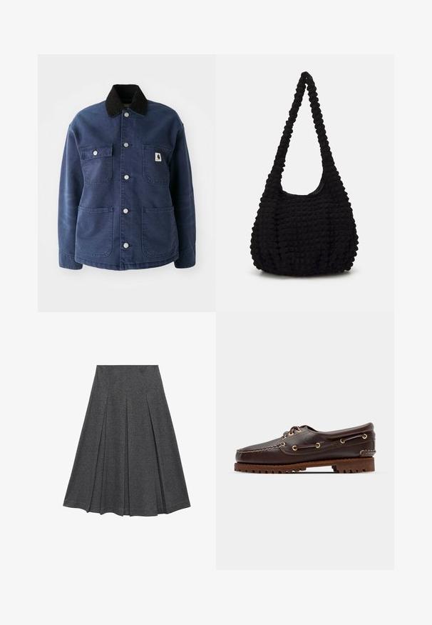 Mørkeblå knap-up jakke med sort kordfløjlskrave, fire forlommer og metalsnapper, med et lille logo på brystlommen.; Cropmet skjorte med blå og hvide lodrette striber, struktureret finish, spidse kraver og enkeltknapmanchetter.; Grå plisseret nederdel med en vidde form, lavet af blødt stof. Har lodrette plisseringer og et glat taljebånd for et tætsiddende look.; Brune læder bådsko med gyldne øjer, runde snørebånd og en struktureret brun gummisål. Har quiltede detaljer og et forhøjet logo.; Sort tekstureret stofpose med en enkelt snoet rem, der har en fyldig form og sammensnørt overfladedesign.