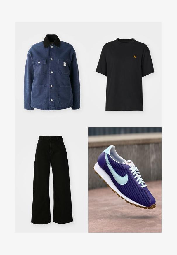 Námornícky modrý sako s gombíkmi a čiernym kordovým golierom, štyrmi prednými vreckami a kovovými patentkami, s malým logom na náprsnom vrecku.; Čierne bavlnené tričko s voľným strihom. Má okrúhly výstrih a krátke rukávy. Obsahuje malé zlaté vyšívané logo na hrudi.; Čierne cargo nohavice s širokými nohavicami vyrobené z denimu, so zvýšeným pásom, predným zapínaním na gombík a bočnými vreckami. Hladký povrch s minimálnym šitím.; Fialová teniska Nike s svetlomodrým „swooshom“, bielymi šnúrkami a gumovou podrážkou, zobrazená nad betónovým povrchom vonku.