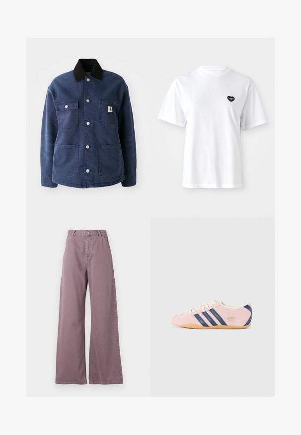 Mørkeblå knap-up jakke med sort kordfløjlskrave, fire forlommer og metalsnapper, med et lille logo på brystlommen.; Hvid kortærmet t-shirt lavet af bomuld, med et lille sort hjerteformet logo på venstre brystområde.; Bredde bukser i støvet mauve bomuld med en frontlukning med knap, sidelommer og syet detaljering langs sømmene.; Lyserøde sneakers lavet af ruskind med marineblå Striber og detaljer. Har en lys cremefarvet tunge og snørebånd, samt en gummisål.