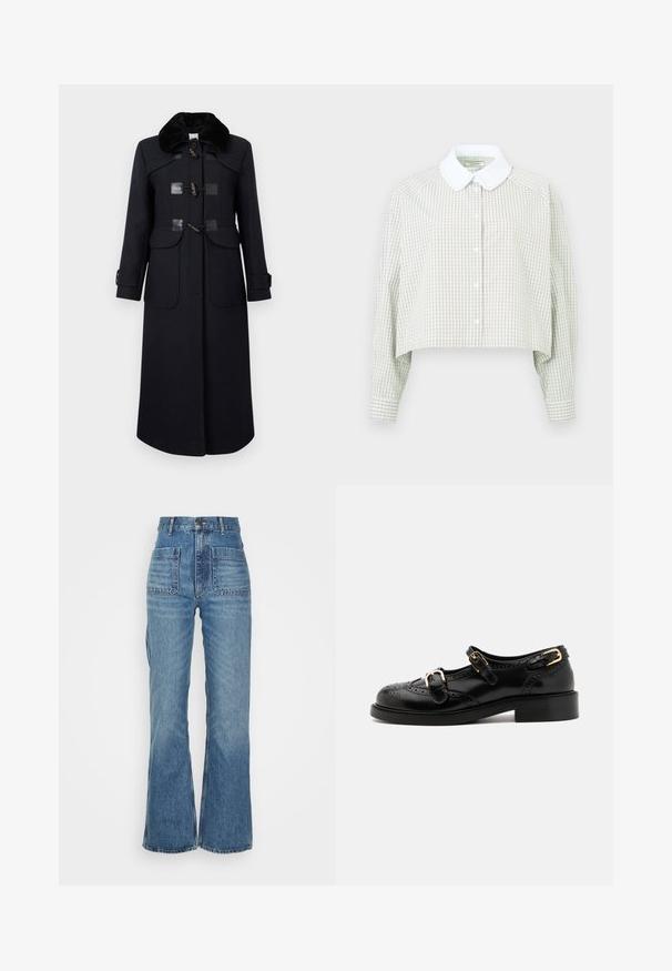 Abrigo de lana azul marino con cuello de piel sintética, con cierres de toggles, dos bolsillos delanteros y costuras ajustadas para una silueta entallada.; Camisa de botones recortada en un patrón de cuadros en verde claro y blanco. Presenta un cuello blanco y mangas largas con puños abotonados. Tejido suave.; Jeans de mezclilla azules de cintura alta con pernera acampanada, dos bolsillos frontales y dos traseros; tejido texturizado con un lavado descolorido.; Zapatos de cuero negro con detalles de brogue, que presentan dos correas con hebillas, una puntera redondeada y un tacón bajo. Textura suave con un acabado brillante.