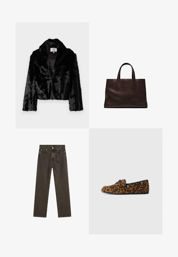 Schwarze gefälschte Pelz-Cropped-Jacke mit breitem Revers, weicher Textur und langen Ärmeln. Innen mit glattem Stoff gefüttert, Markenlabel sichtbar.; Dunkelgrüner Rollkragenpullover aus weichem Stoff, mit langen Ärmeln und geripptem Kragen, locker geschnitten und mit minimalistischem Design.; Dunkelbraune gerade geschnittene Jeans aus Denim mit einem klassischen Fünf-Taschen-Design, metallischen Beschlägen und sichtbaren Nähdetails.; Leder-Loafers mit Leopardenmuster, weicher Textur, runder Form, schwarzen Schnürsenkeln und goldenen Ösen, ausgestattet mit einer flachen Gummisohle.; Braune Ledertasche mit zwei langen Griffen, strukturierte rechteckige Form, glatte Textur und dezente Nähdetails.; Silberne Creolen mit polierter Oberfläche, die eine kreisförmige Form und einen Schwenkverschluss aufweisen, und dabei ein elegantes und minimalistisches Design betonen.