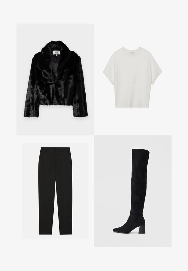 Jachetă scurtă din blană artificială neagră, cu revere late, textură moale și mâneci lungi. Interiorul căptușit cu țesătură netedă, eticheta brandului vizibilă.; Tricou alb cu mânecă scurtă, cu guler larg și model texturat cu dungi, realizat dintr-un material moale, având o croială lejeră și un design curat.; Pantaloni negri cu un design croit, dotati cu buzunare laterale si un croi drept. Fabricati dintr-un material neted, usor, cu un finisaj elegant.; Cizme negre din suede, cu toc bloc, vârf ascuțit și un design neted, fără cusături, pe un fundal deschis.