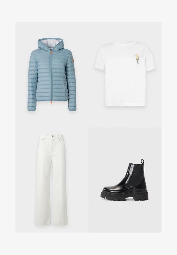 Lichtblauw pufferjack met een capuchon, voorzien van horizontaal gestikte secties, een ritssluiting aan de voorkant, elastische manchetten en een oranje ritslip.; Witte katoenen T-shirt met korte mouwen, voorzien van een minimalistische, geborduurde gele ijslollygrafiek op de linkerkant van de borst.; Samsøe Samsøe SHELLY - Relaxed fit jeans - clear cream; Zwarte leren enkelboots met een strak ontwerp, elastische zijpanelen en een stevige zwarte zool. Voorzien van een trekknoop aan de achterkant voor gemakkelijk aan- en uittrekken.