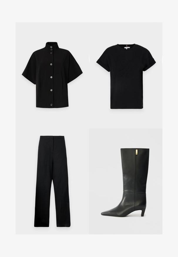 Must musta, lühikeste varrukatega jakk, millel on kõrge krae, esine nööbiplokk ja küljetaskud. Valmistatud siledast, struktureeritud kangast, millel on minimalistik disain.; Mustmust särk, millel on rullitud lühikesed varrukad, keskosas on embosseeritud logo ja küljel väike lipu aktsent.; Mustad laiad püksid, mis on valmistatud kergest kangast. Omavad sujuvat tekstuuri, kõrget vööd ja minimaalset õmbluste detaili.; Mustmustest mustakõrgune musta nahast saabas terava ninaga ja väikese kontsaga. Omab sujuvat disaini kuldse aksendi detailiga. Sile tekstuur.