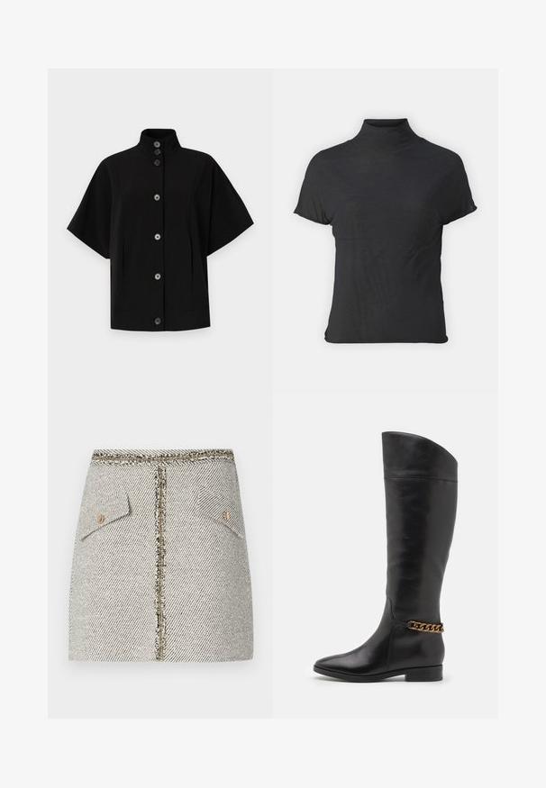 Jachetă scurtă, neagră, cu mâneci scurte, cu un guler înalt, închidere frontală cu nasturi și buzunare laterale. Fabricată dintr-un material neted și structurat, cu un design minimalist.; Top negru cu mânecă scurtă, tip turtleneck, realizat dintr-un material ușor, cu o textură fină și o formă ajustată, având un gât înalt.; Fustă din tweed țesută, albă cu motive piersici în alb și negru, are două buzunare frontale și un fermoar aurit la spate cu margini desfăcute.; Cizme negre din piele înalte, cu un design elegant, vârf ascuțit și un accent de lanț auriu la gleznă. Toc mic în formă de bloc. Textură netedă.